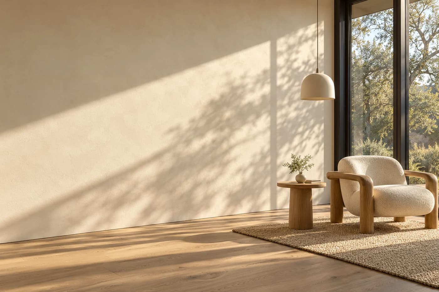 Architectural illustration of a continuous ivory wall in a warmly lit room; not a completed project