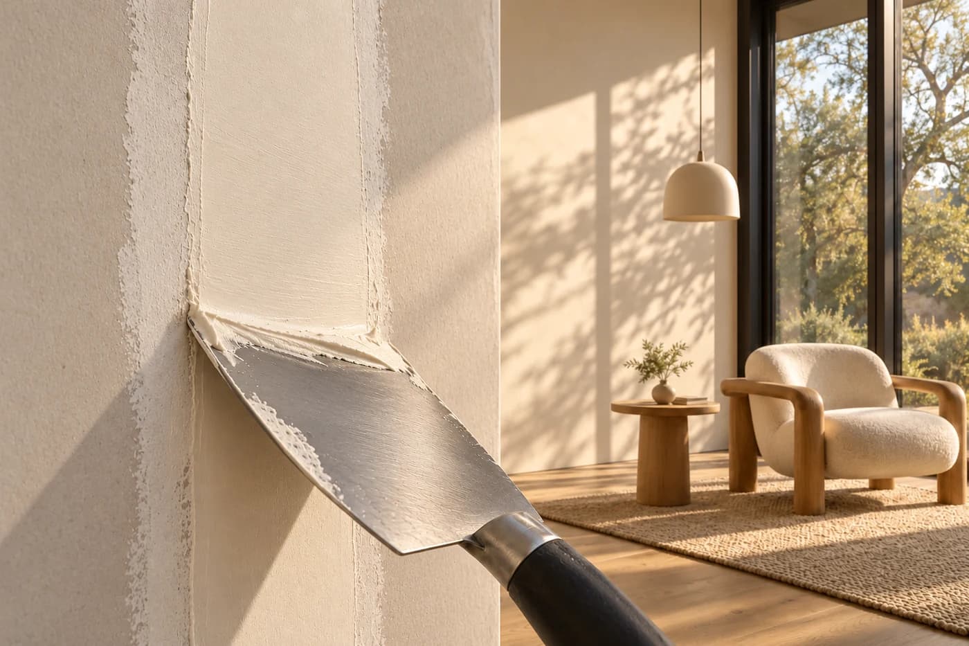 Illustrative close view of compound being applied to a gypsum board wall; not a contractor job photograph